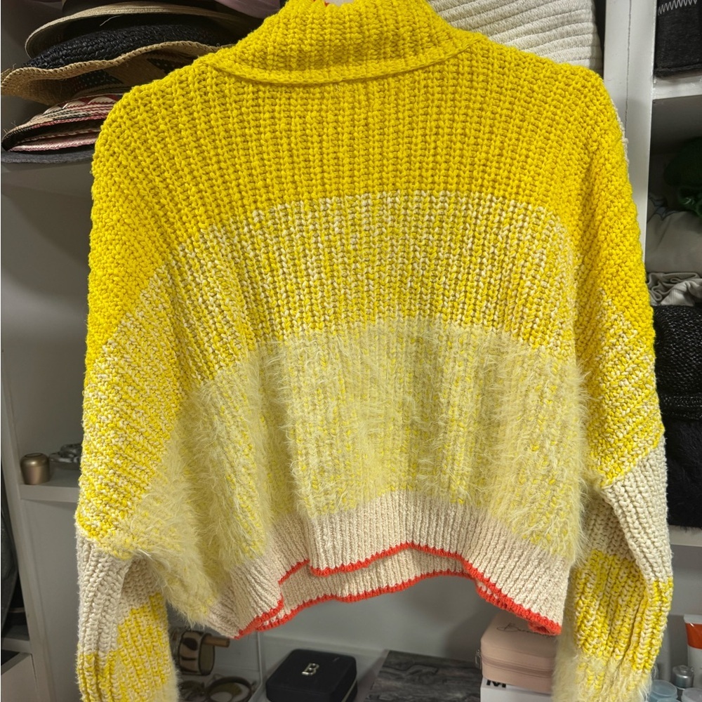 Free People Chunky Colorblock Turtleneck Sweater Yellow Cream M - Picture 2 of 5